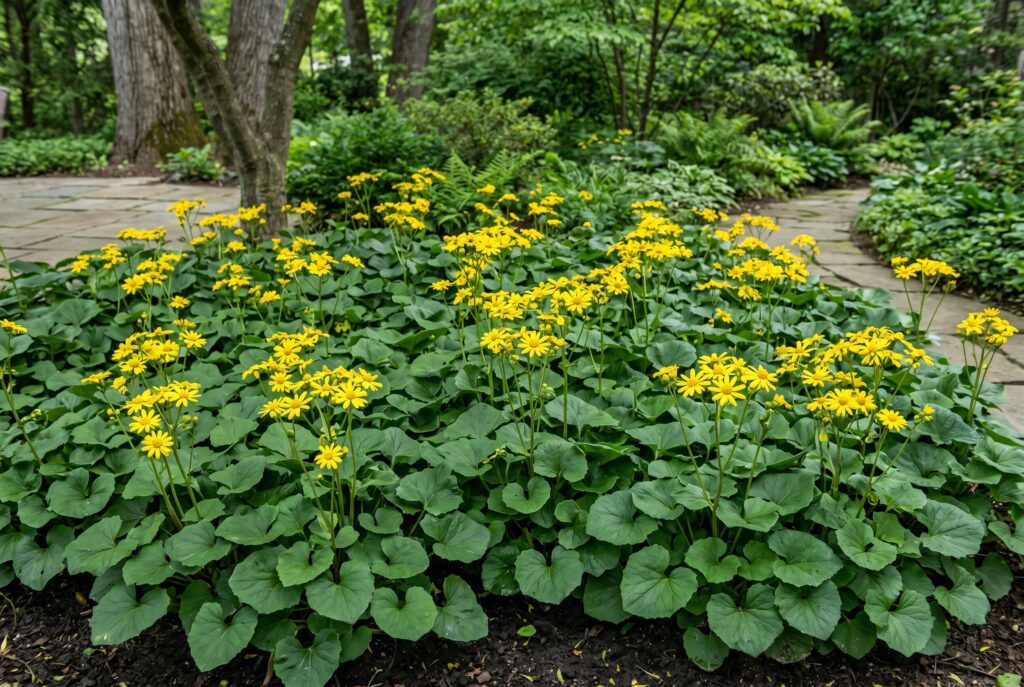 Golden groundsel thriving in a shaded woodland garden with attractive clusters of green foliage and bright yellow spring blooms.