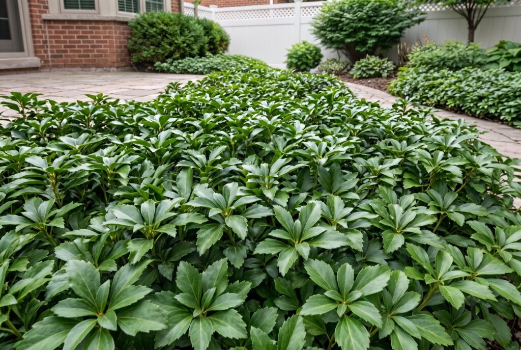Japanese spurge creating a dense carpet of green foliage in a shaded patio garden where grass struggles to grow.