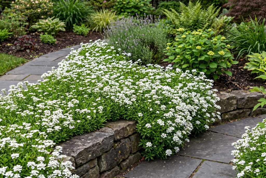 Neat, low-growing candytuft spilling over a stone garden wall with crisp white spring flowers and evergreen foliage.