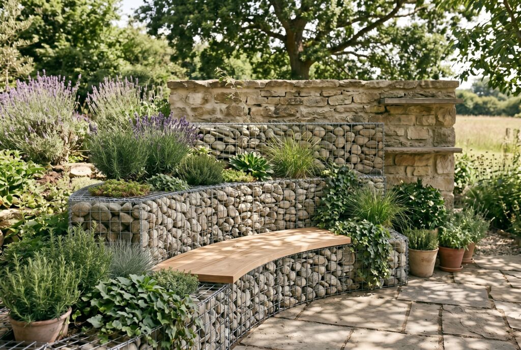 Gabion wall landscaping with rock filled cages and modern outdoor seating area.