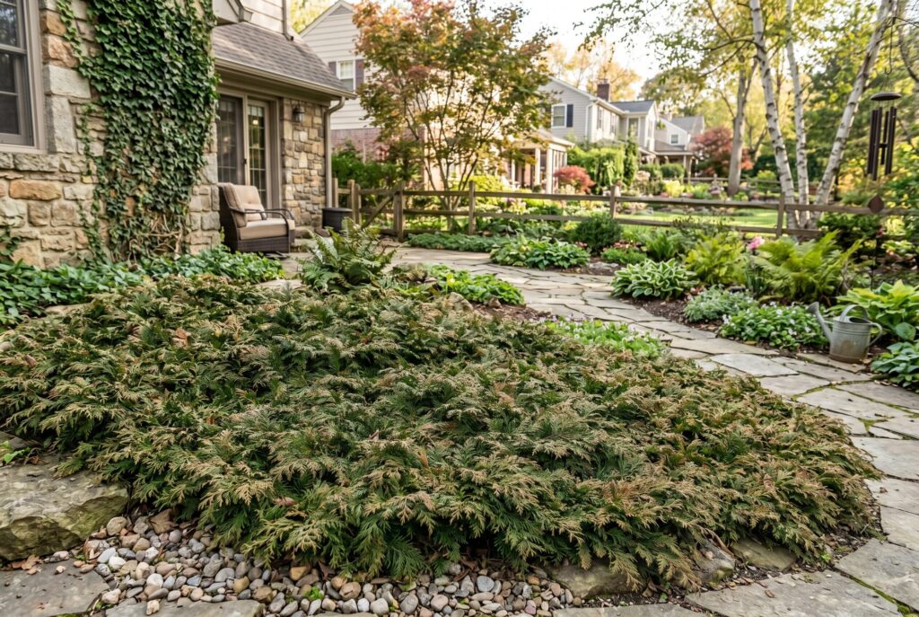 Siberian cypress spreading as a low-growing evergreen with soft, fine-textured foliage in bronze and green tones next to a path.