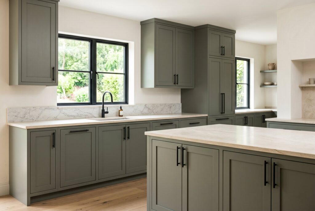 Smoky jade green kitchen cabinets with black hardware, white countertops, and warm neutral walls. 