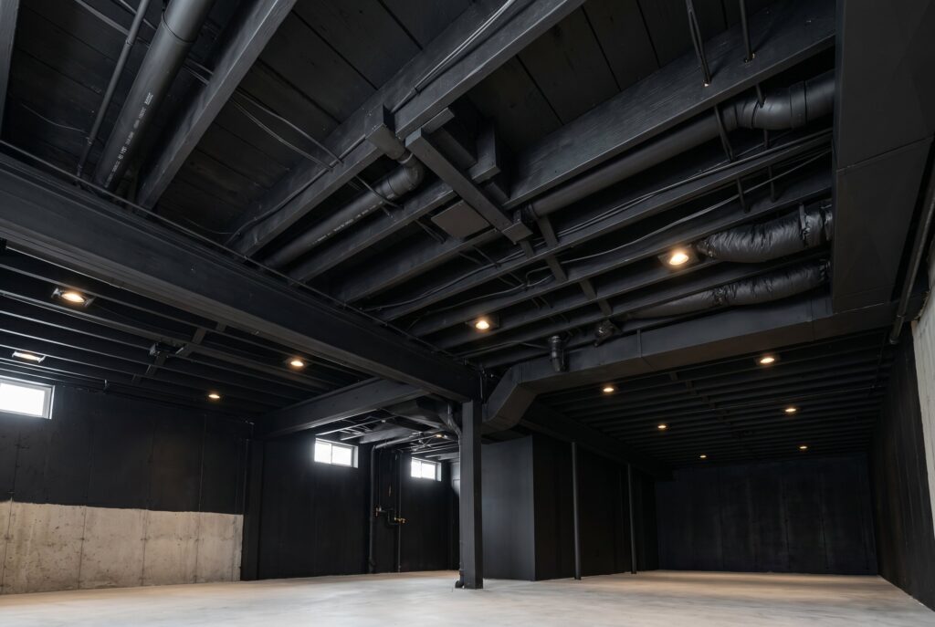Matte black exposed basement ceiling with visible pipes and industrial modern styling.