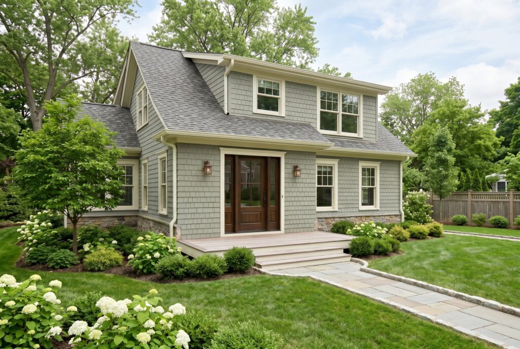Gray green exterior house with ivory trim, bronze front door, and transitional architecture.