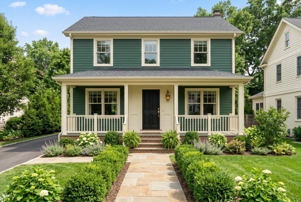 Benjamin Moore Regent Green exterior with cream trim, matte black front door, and traditional porch.