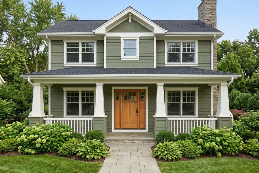 Benjamin Moore Mohegan Sage exterior house with white trim, natural oak door, and garden landscaping.