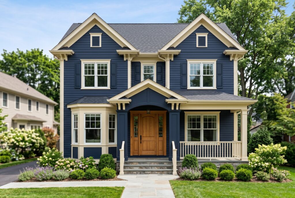 Deep navy exterior home with cream trim, natural wood entry door, and symmetrical traditional design.
