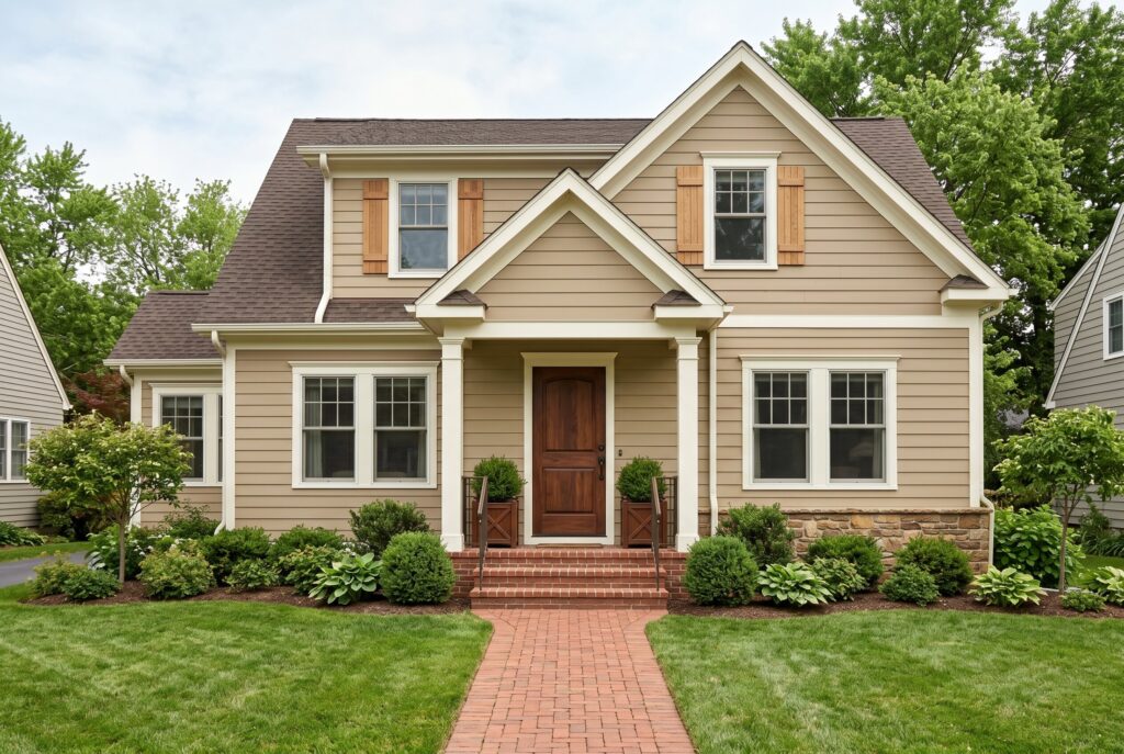Benjamin Moore Grant Beige exterior with Swiss Coffee trim, walnut front door, and traditional suburban styling.