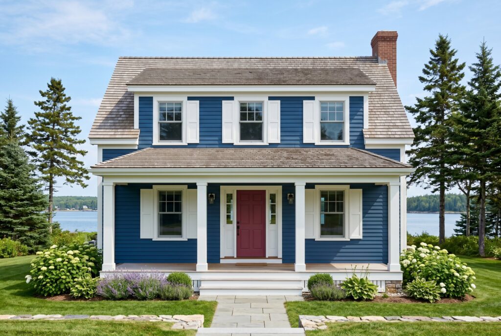 Boothbay Blue exterior home with white trim, red front door, and coastal Cape Cod styling.