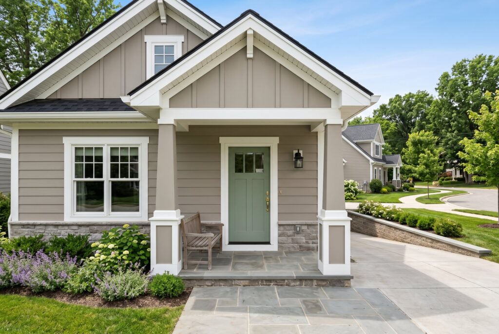 Stone taupe exterior home with white trim, sage green front door, and cottage inspired curb appeal.