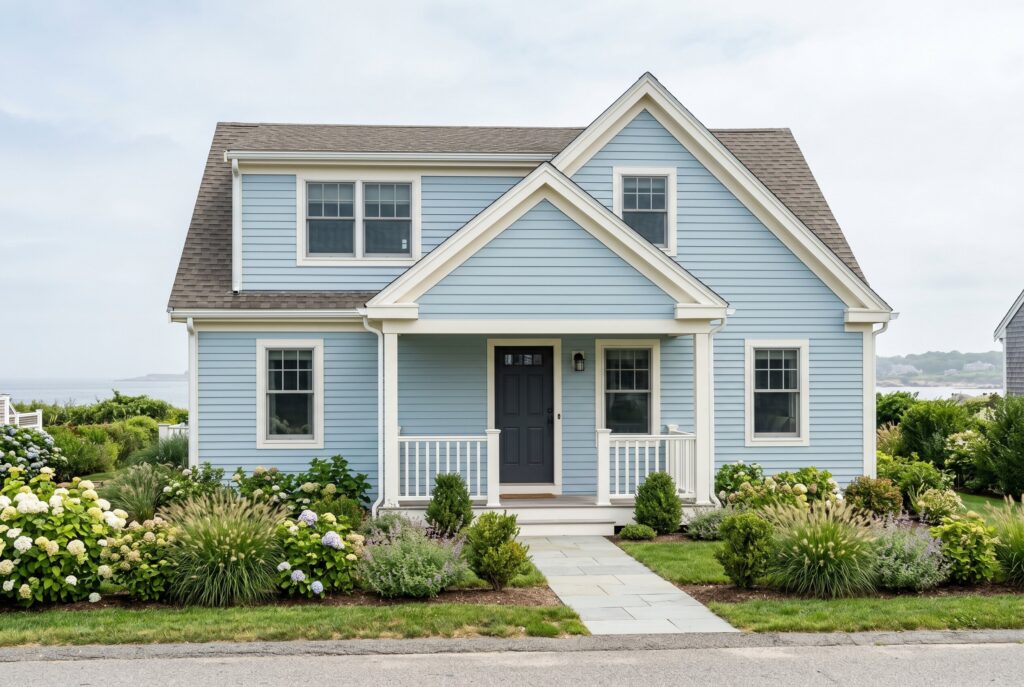 Coastal Mist Blue exterior house with white trim, charcoal front door, and seaside cottage character.