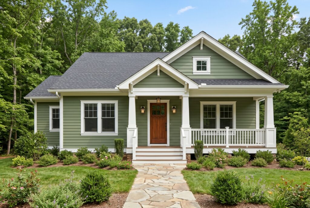 Moss green exterior cottage with white trim, walnut front door, and wooded surroundings.