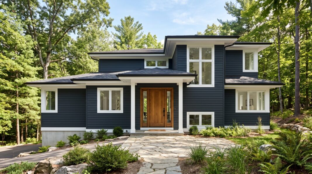 Modern dark blue exterior house with white trim, natural wood front door, and contemporary architecture.