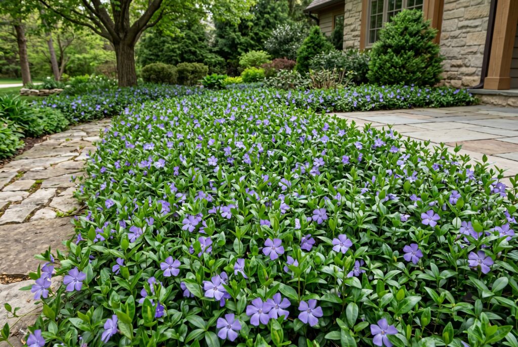 Periwinkle ground cover featuring glossy green leaves and dreamy purple flowers forming a dense, sweeping mat next to a garden walkway.