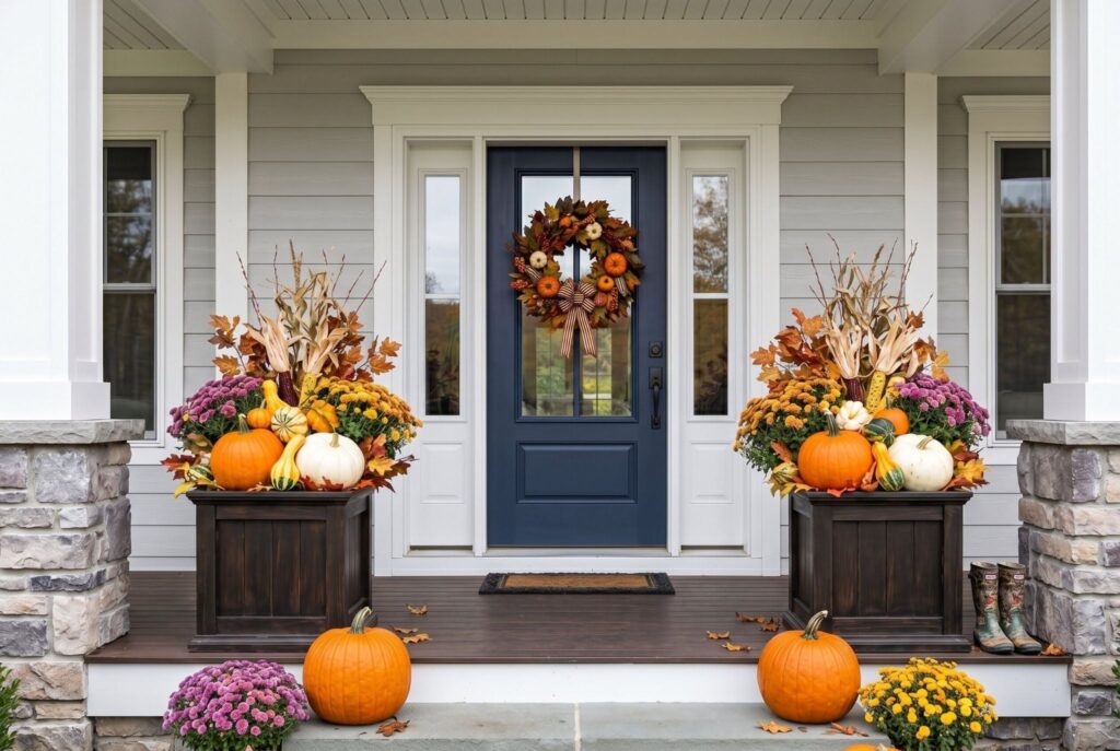 Symmetrical fall porch decor with matching planters, pumpkins, and autumn wreath.