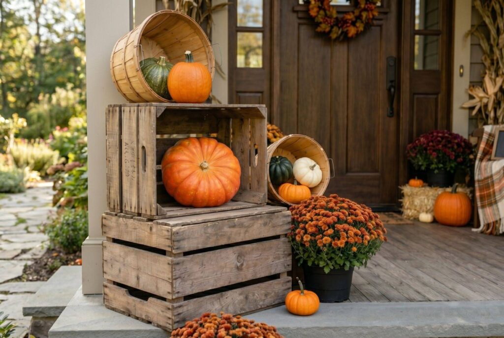 Vintage wooden crates displaying pumpkins and mums in rustic fall porch decor.