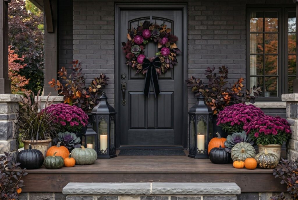Gothic fall porch decor with black lanterns, plum mums, and moody autumn accents.