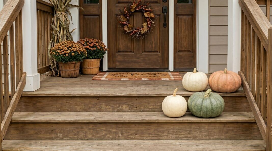 Fall porch decor with heirloom pumpkins, mums, wreath, and layered harvest porch styling.