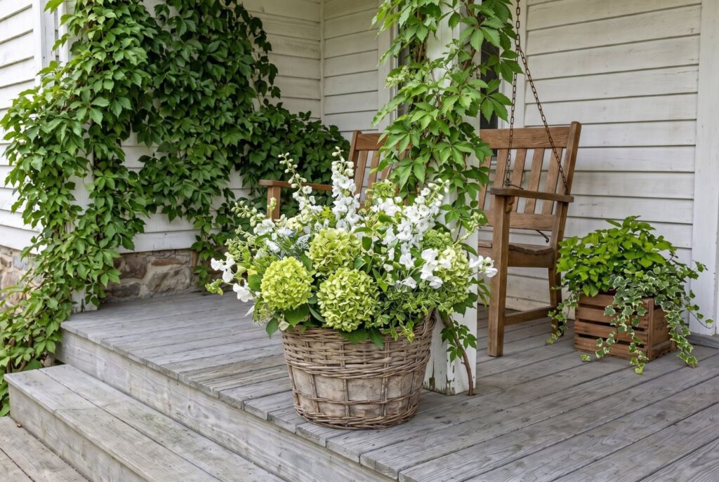 Foraged hydrangeas and greenery on porch with natural seasonal fall styling.