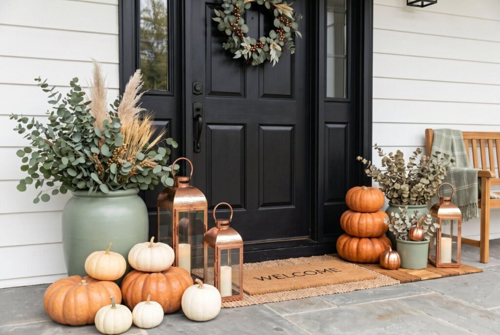 Sage green planters and copper lanterns with neutral pumpkins on modern fall porch.