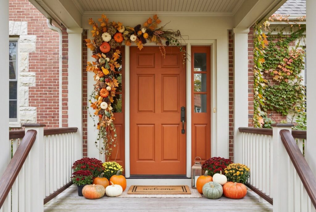 Asymmetrical autumn garland draped around front door with pumpkins and mums.