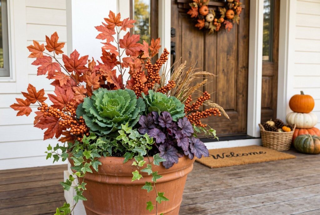 Faux autumn branches mixed with live plants in textured fall porch planter display.
