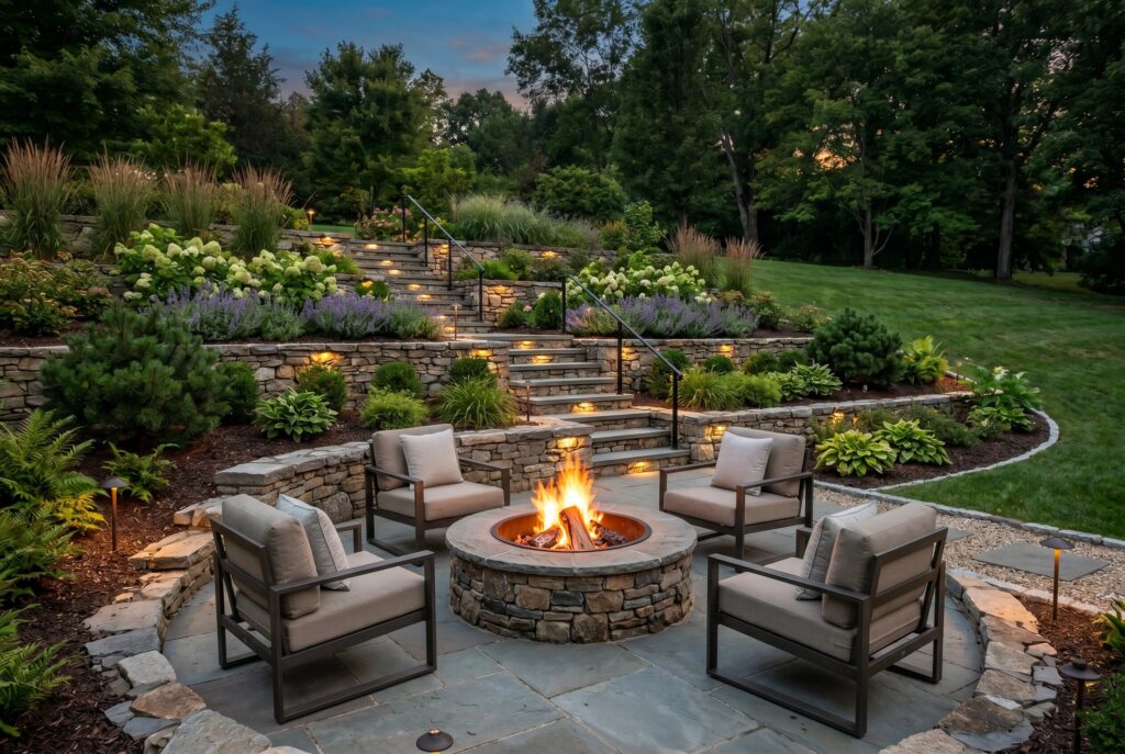 Terraced fire pit patio with retaining walls, garden steps, and landscape lighting.