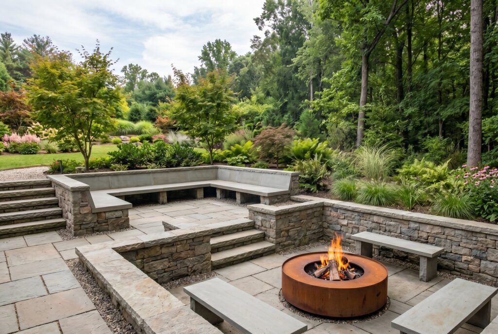 Multi level terraced fire pit lounge with retaining walls and layered seating areas.