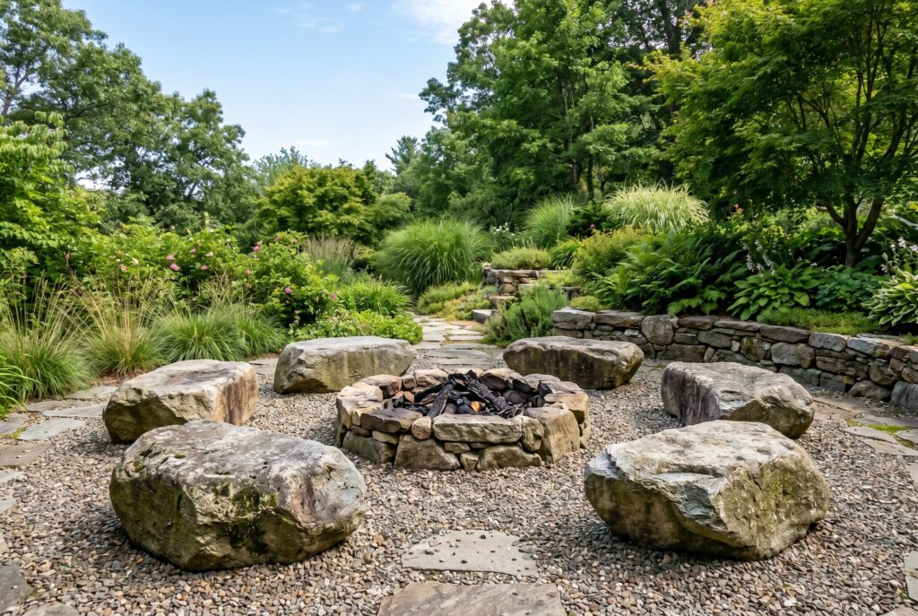Natural boulder seating arranged around rustic stone fire pit in woodland garden setting.