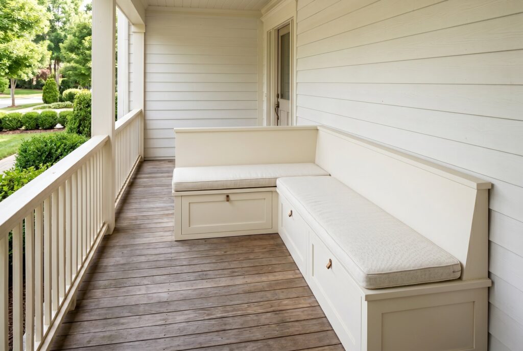 Built in corner sectional bench with storage on compact front porch design.