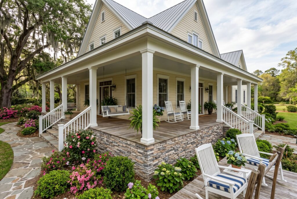 Cultured stone porch skirting with wrap around porch, white columns, and landscaped garden beds. 