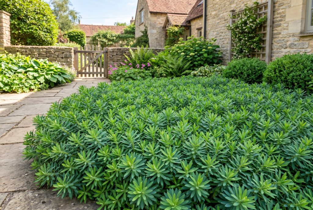 A bold, fast-spreading euphorbia ground cover bringing architectural shape and dense green foliage to a sunny garden bed next to a stone patio.