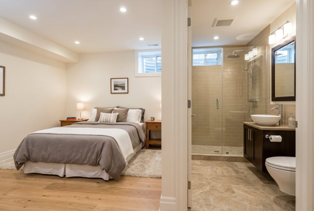 Complete basement guest suite with bedroom, bathroom, and private retreat atmosphere.