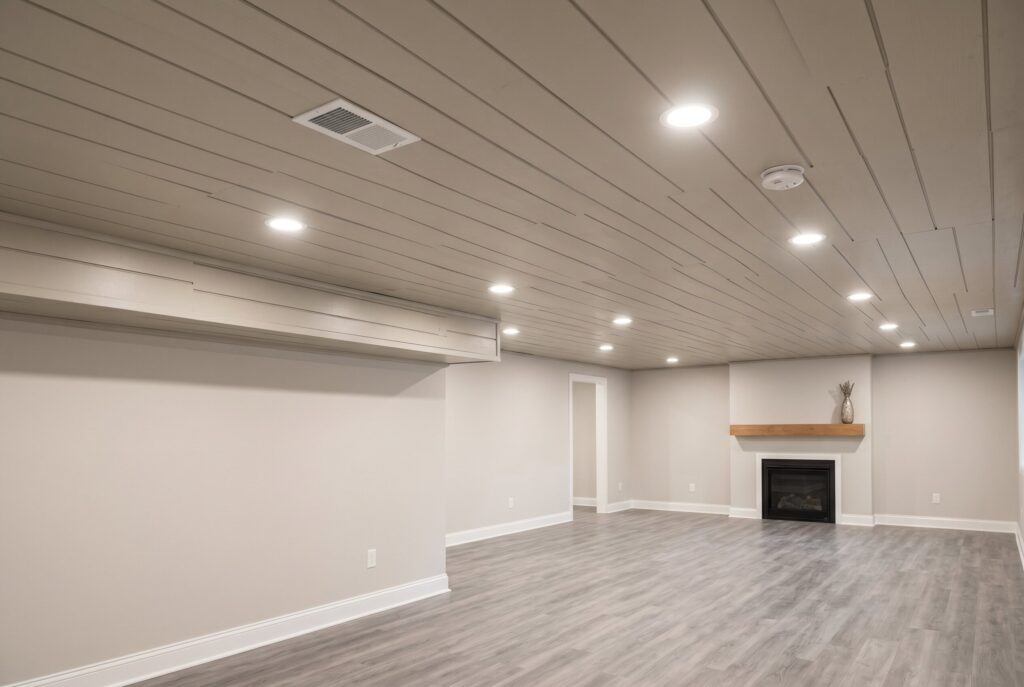 Shiplap ceiling with recessed lighting in neutral finished basement family room.