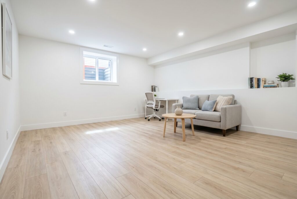 Waterproof LVP flooring in light oak finish with modern basement lounge layout.