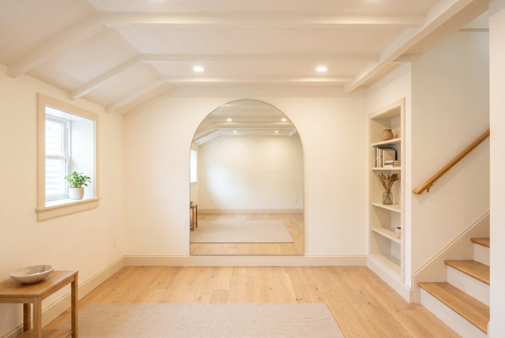 Small basement painted warm white with large mirror and space enhancing design.