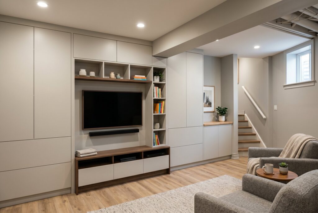 Built in storage wall with concealed cabinetry and integrated basement media center.