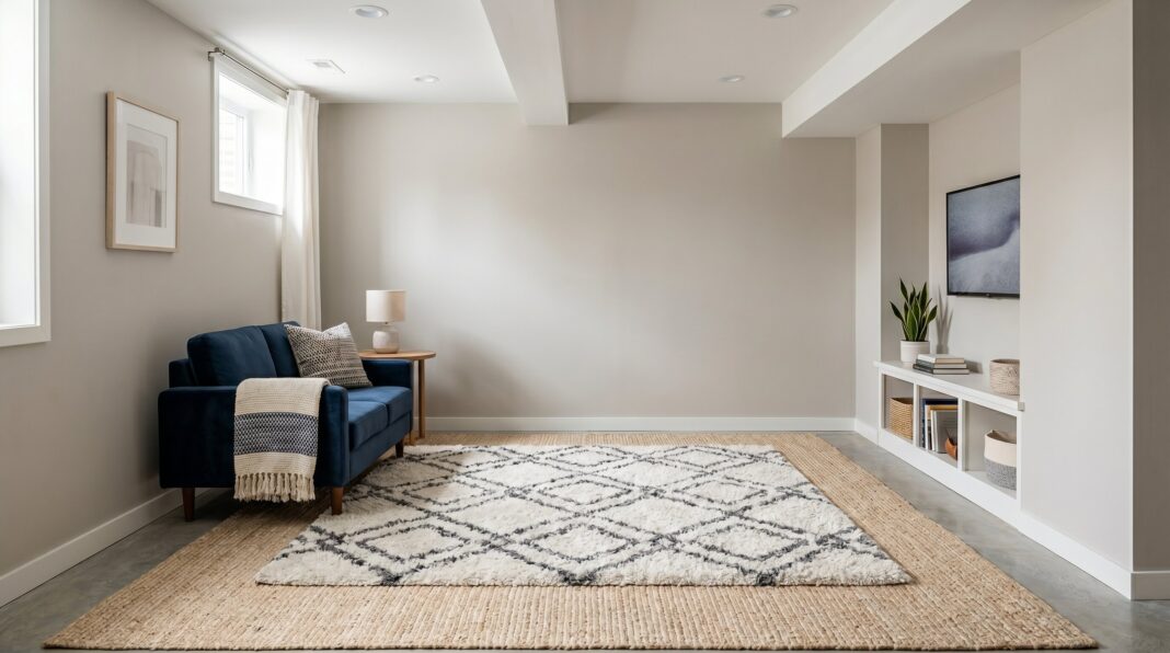 Small finished basement with light walls, cozy seating, and minimalist entertainment area.