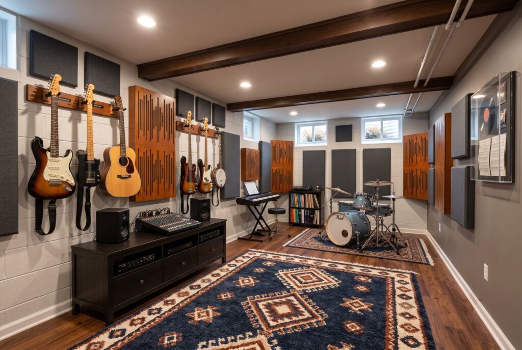Basement music room with acoustic panels, instrument display wall, and patterned area rug.