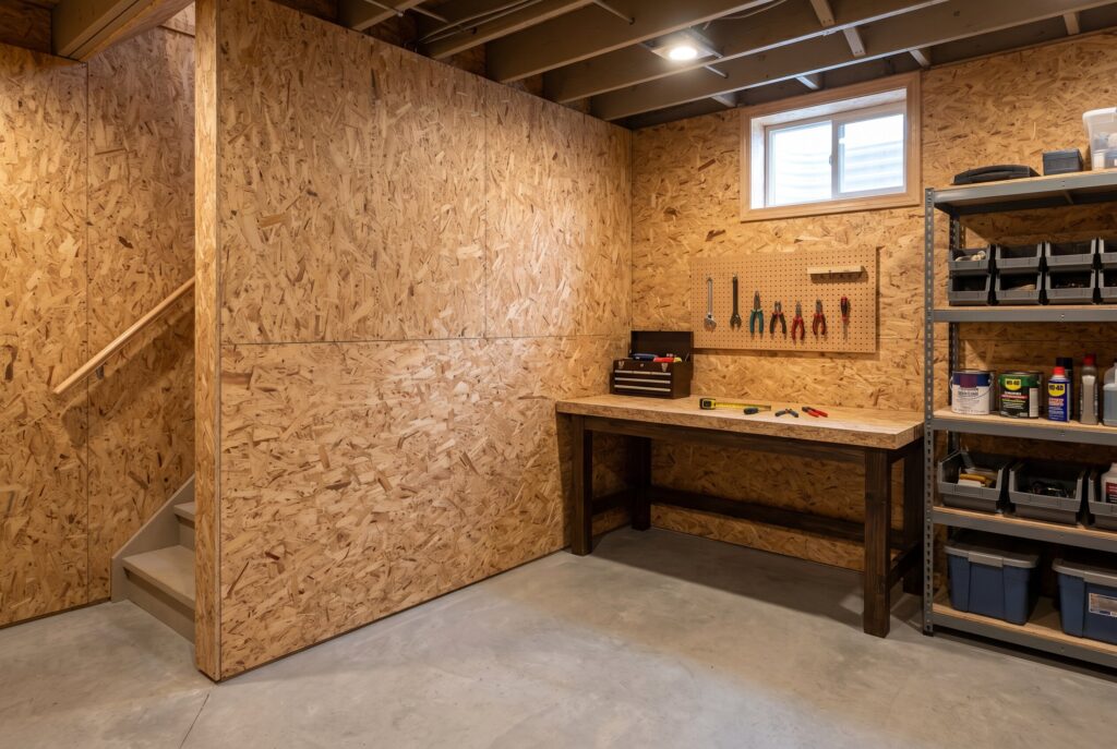 OSB wall panels in workshop basement with workbench, shelving, and exposed ceiling. 