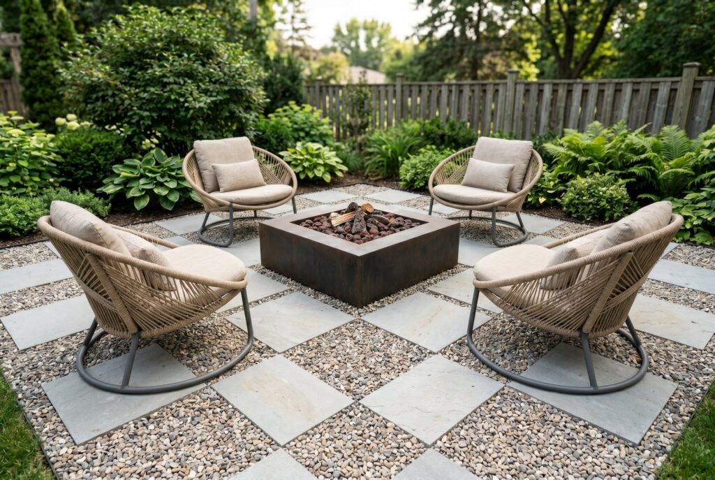 Gravel and stone checkerboard patio with square fire pit and modern lounge chairs.