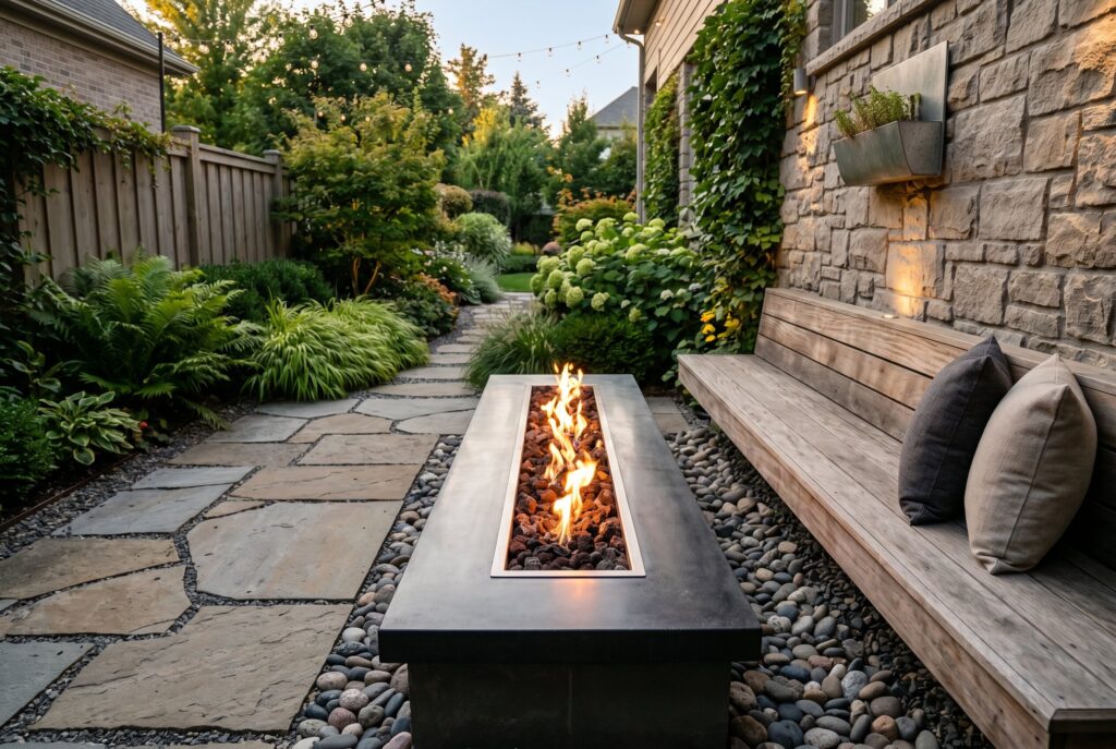 Narrow side yard fire trench with built in bench and modern landscape design.