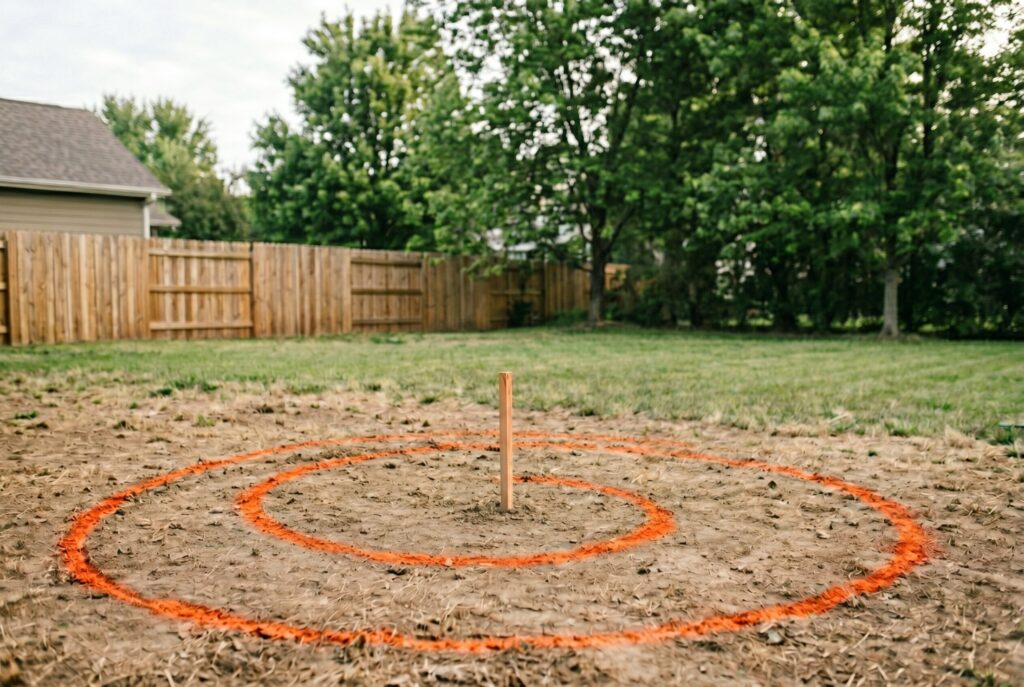 Site preparation for fire pit construction with stake, string line, and marked circular layout.