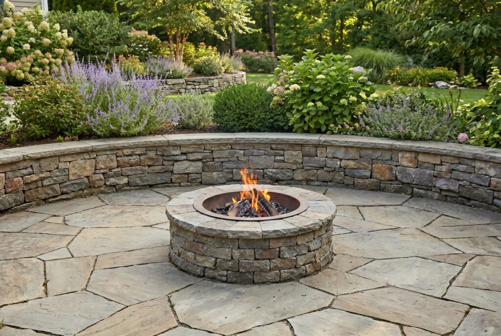 Half moon bench seating around stone fire pit with curved landscape wall backdrop.