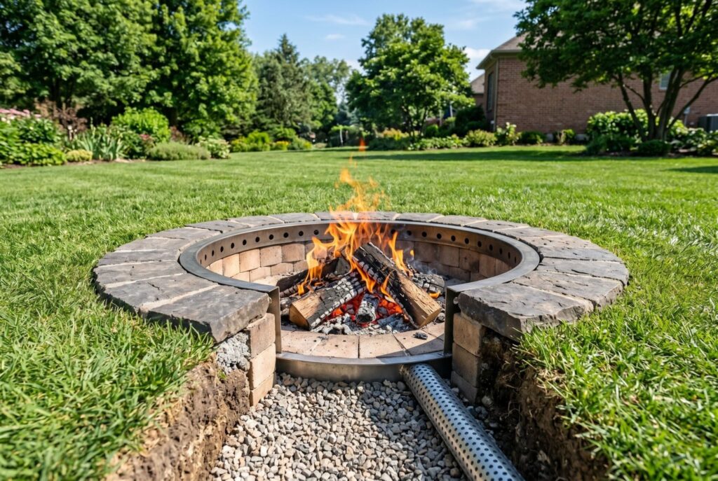 DIY smokeless fire pit with below grade air channel and improved airflow system.