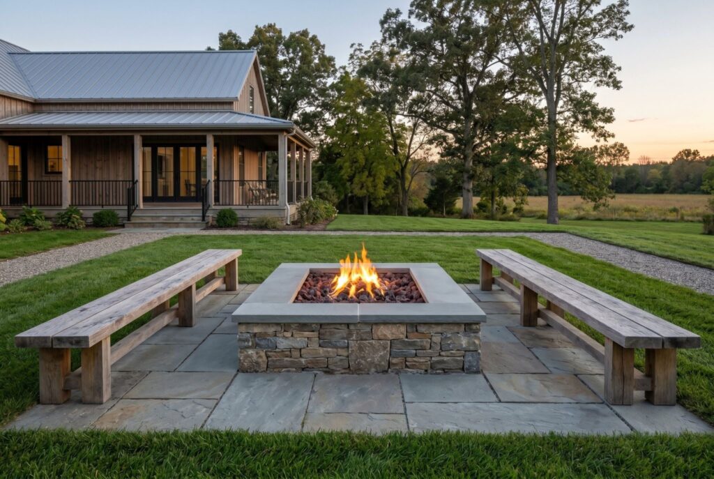 Square in ground fire pit between long oak benches in modern farmhouse setting.
