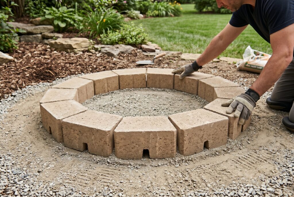 Setting first course of retaining wall blocks for circular DIY smokeless fire pit.