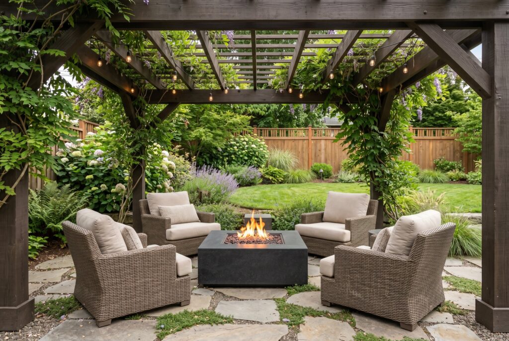 Pergola covered gas fire pit lounge with wicker chairs and climbing vine canopy.