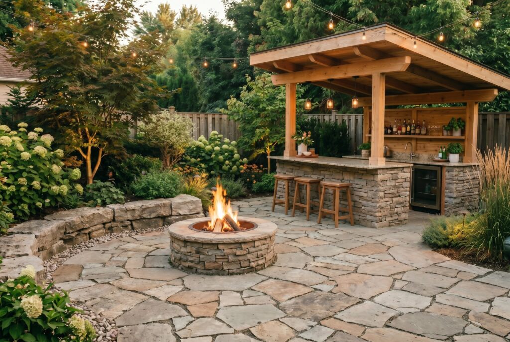 Fire pit adjoining outdoor bar with stone patio and backyard entertainment zone.