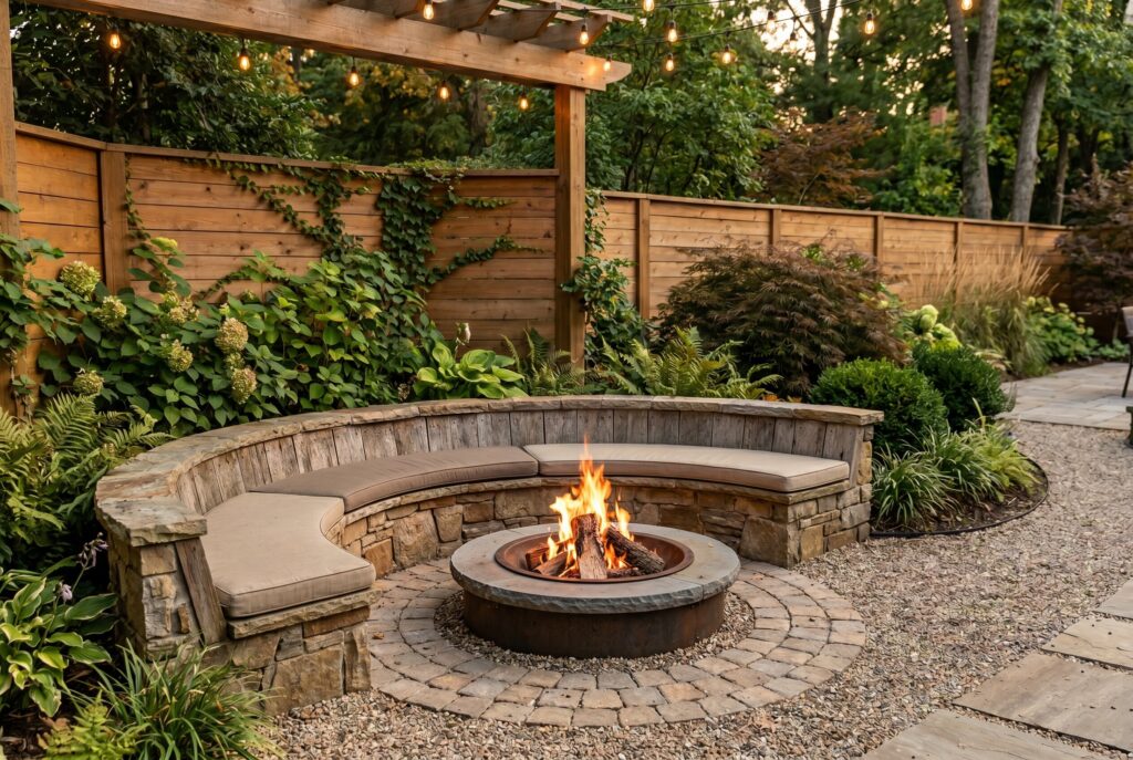 Half moon built in bench surrounding fire pit in cozy backyard seating nook.